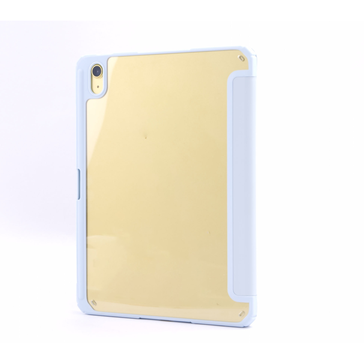 Blue and gold iPad case, closed, with a light blue cover on a white surface.