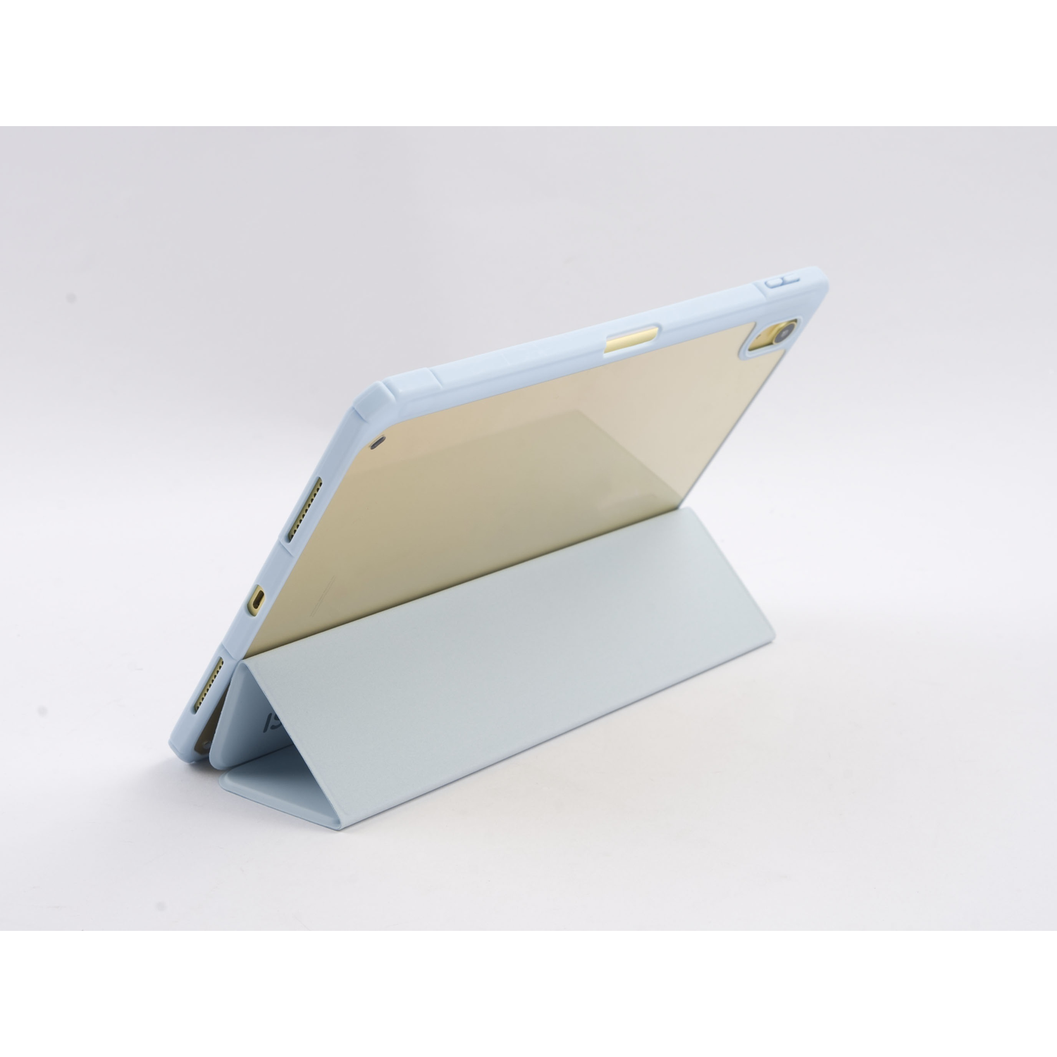 Blue and gold iPad case, angled, propped up, with a light blue cover.