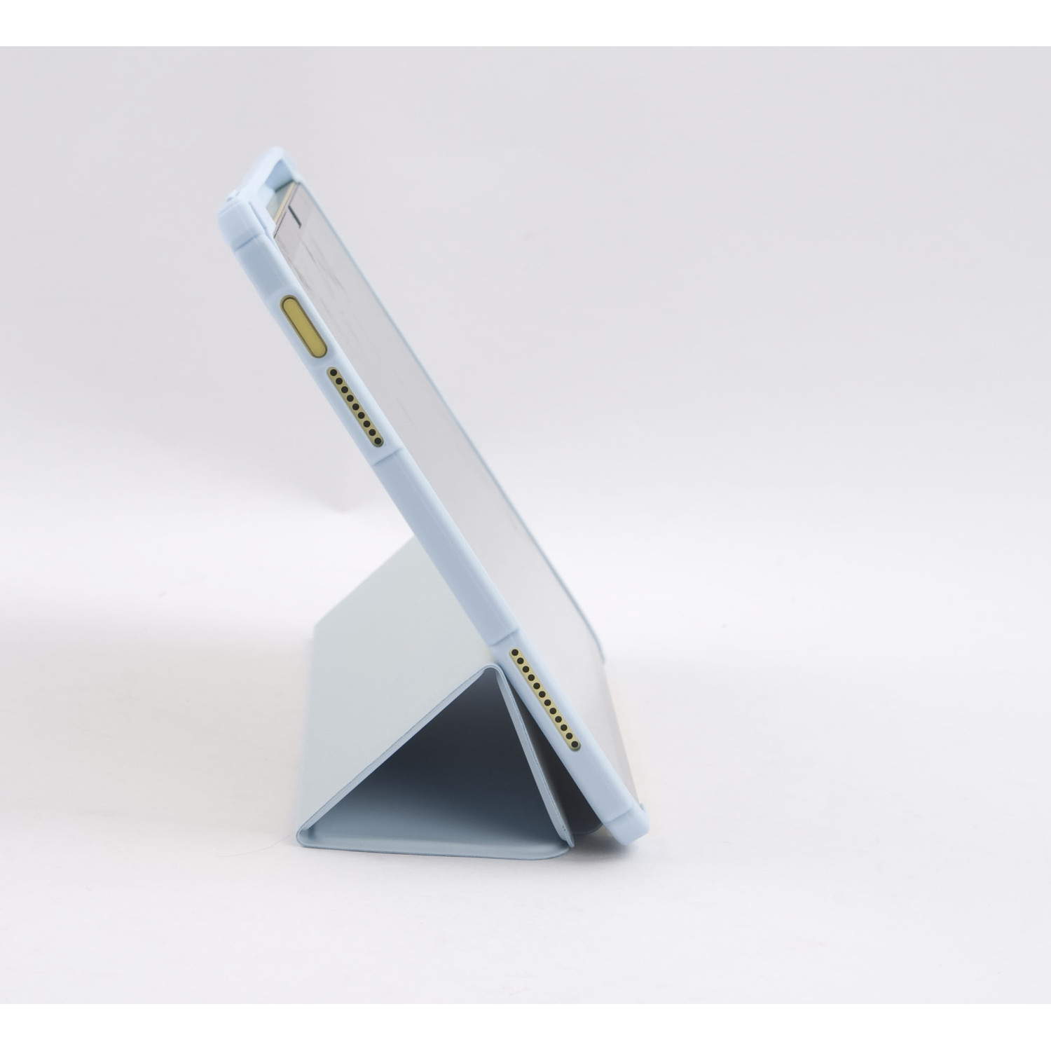 A blue tablet in a blue case is angled on a white surface.