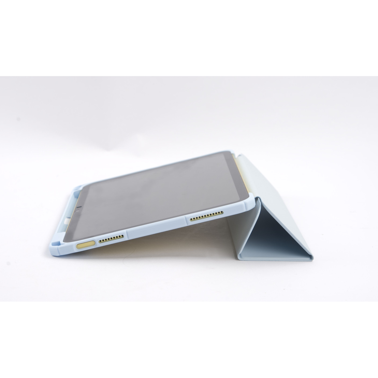 A tablet in a blue case, angled slightly. The tablet is on a white background.