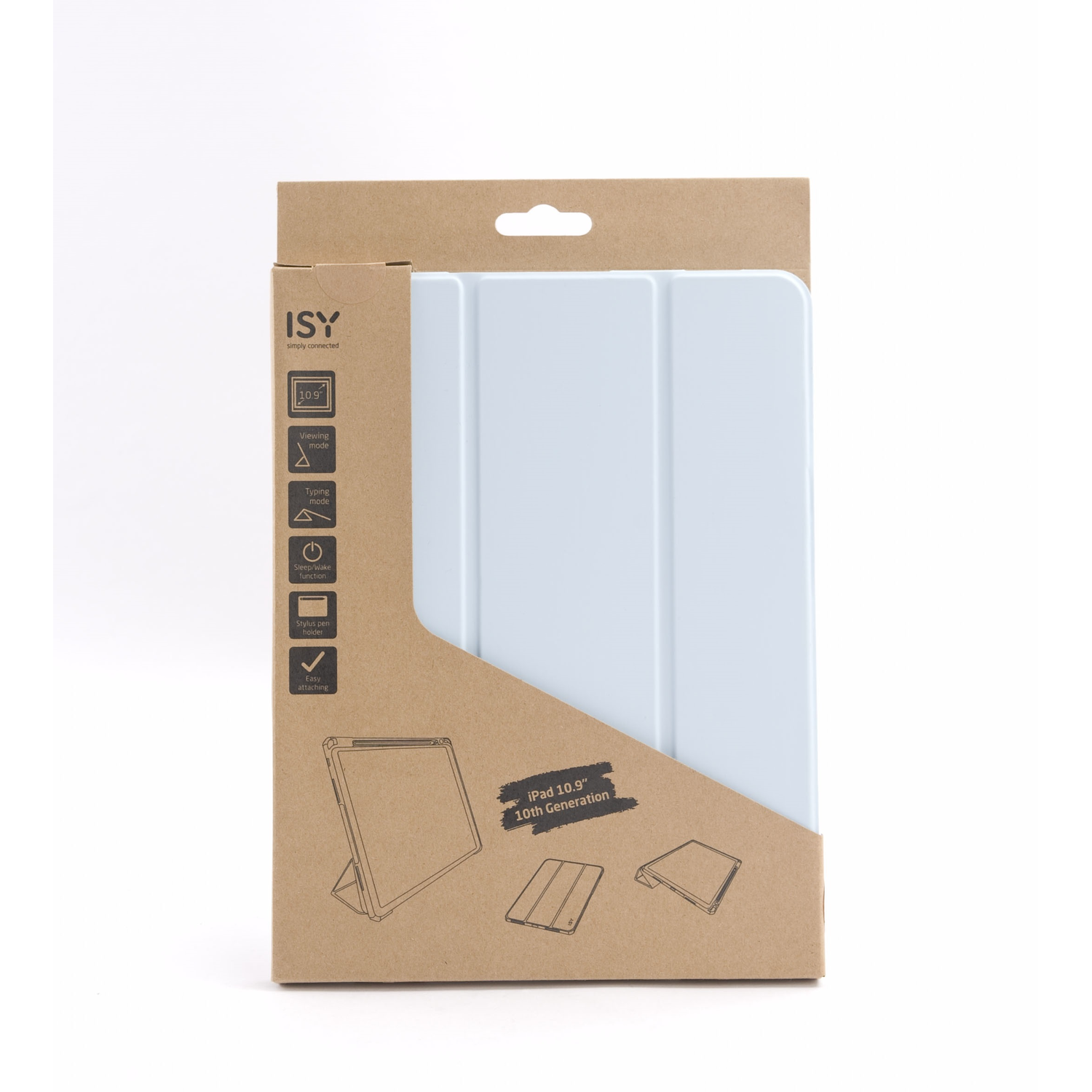 Light blue iPad case, product box with text and images, white background.