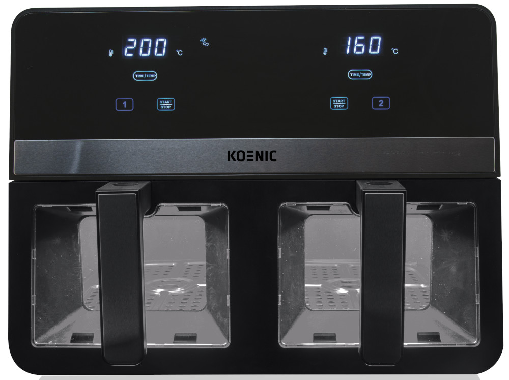 A black Koenic air fryer with a digital display showing temperature settings.