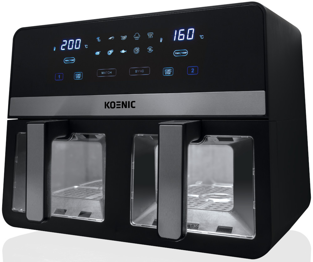 A black and silver Koenic air fryer, displaying the temperature and time.