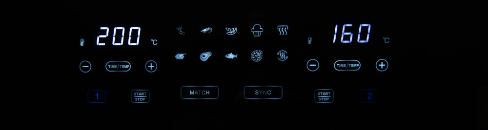 A digital display with numbers and icons on a black background.