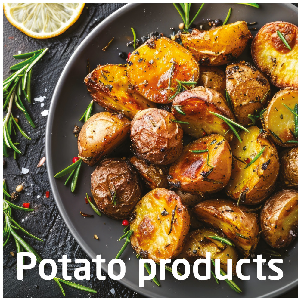 Overhead shot of roasted potatoes on a dark plate, with rosemary sprigs and text 'Potato products'.