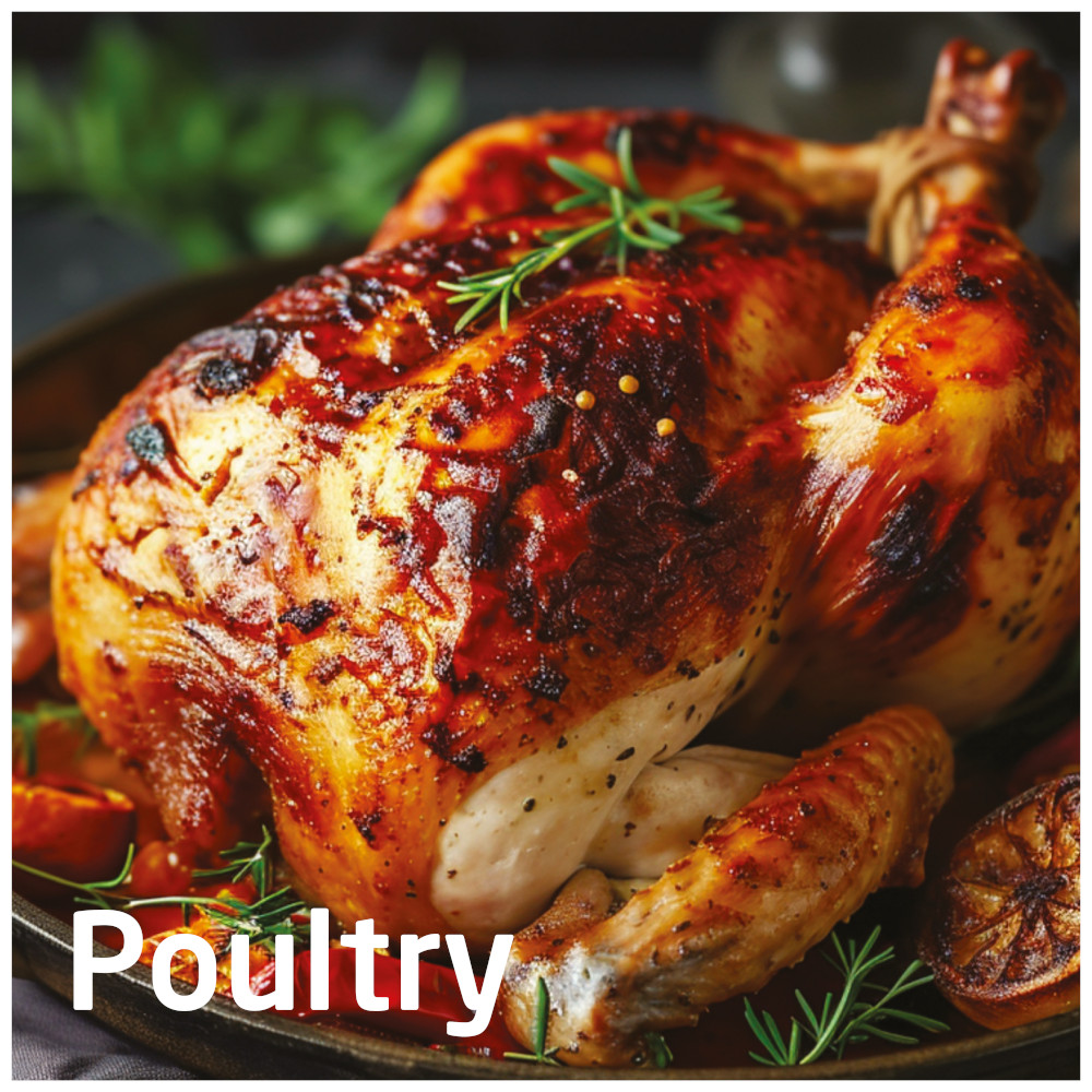 Roasted chicken in a pan, with the word 'Poultry' at the bottom.