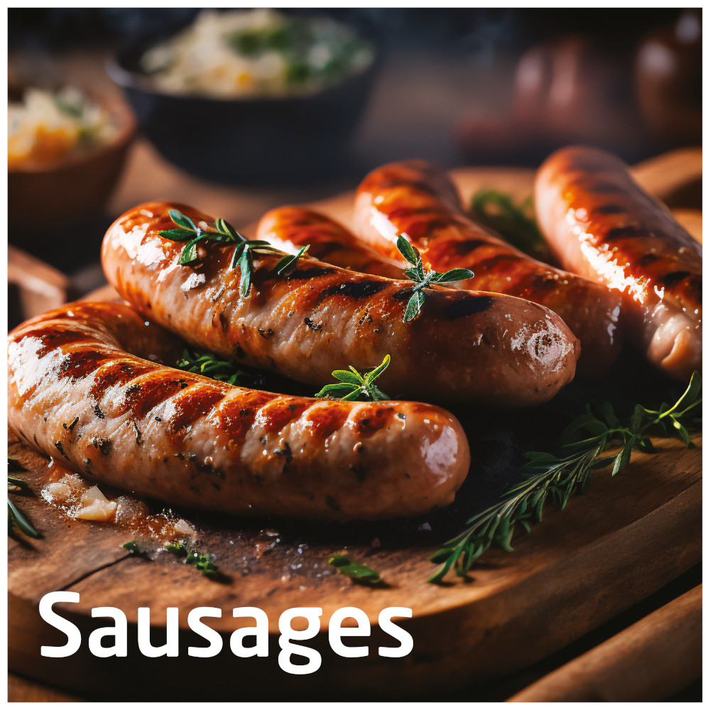 Grilled sausages on a wooden board, garnished with herbs.