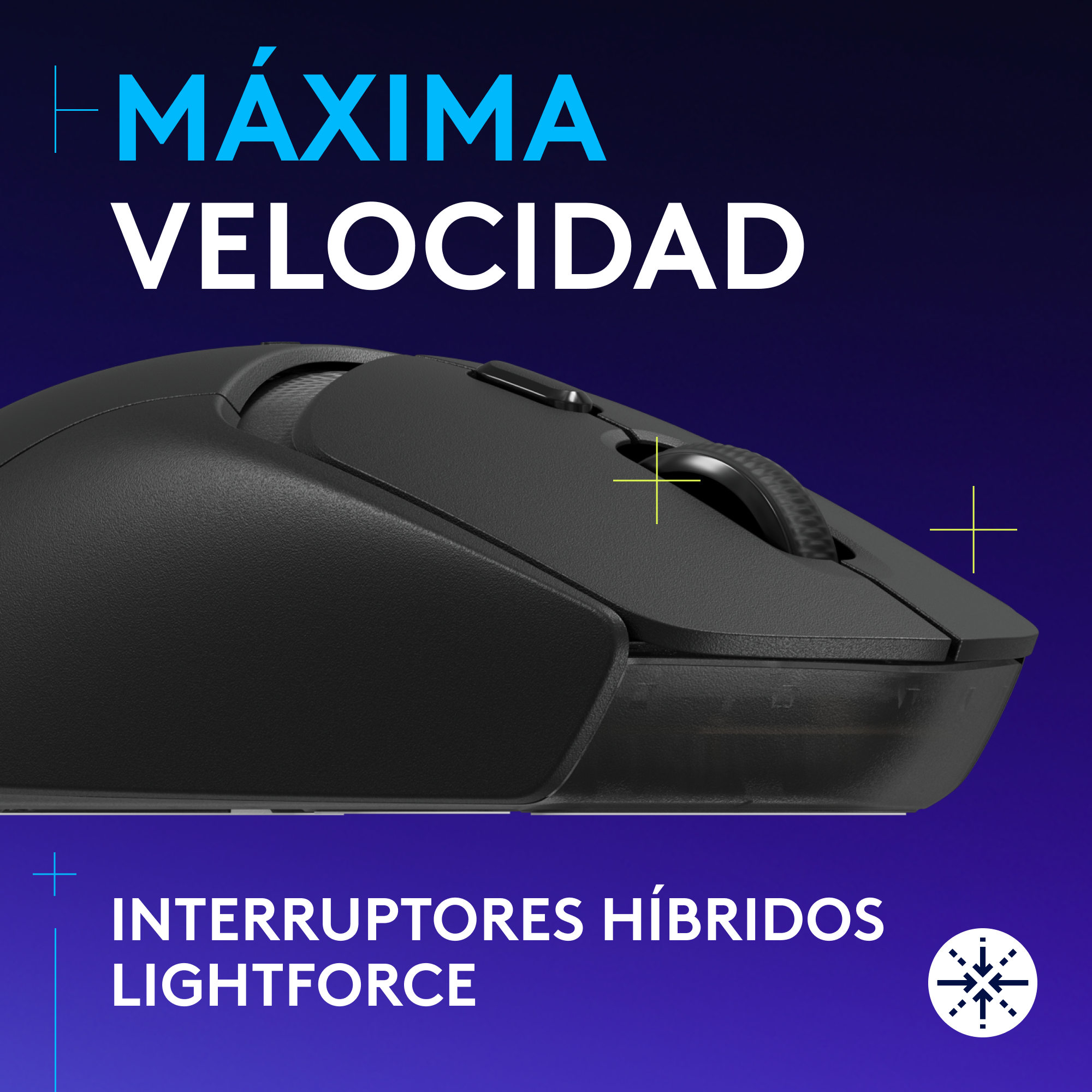Un ratón negro con texto 'MÁXIMA VELOCIDAD' e 'INTERRUPTORES HÍBRIDOS LIGHTFORCE'.