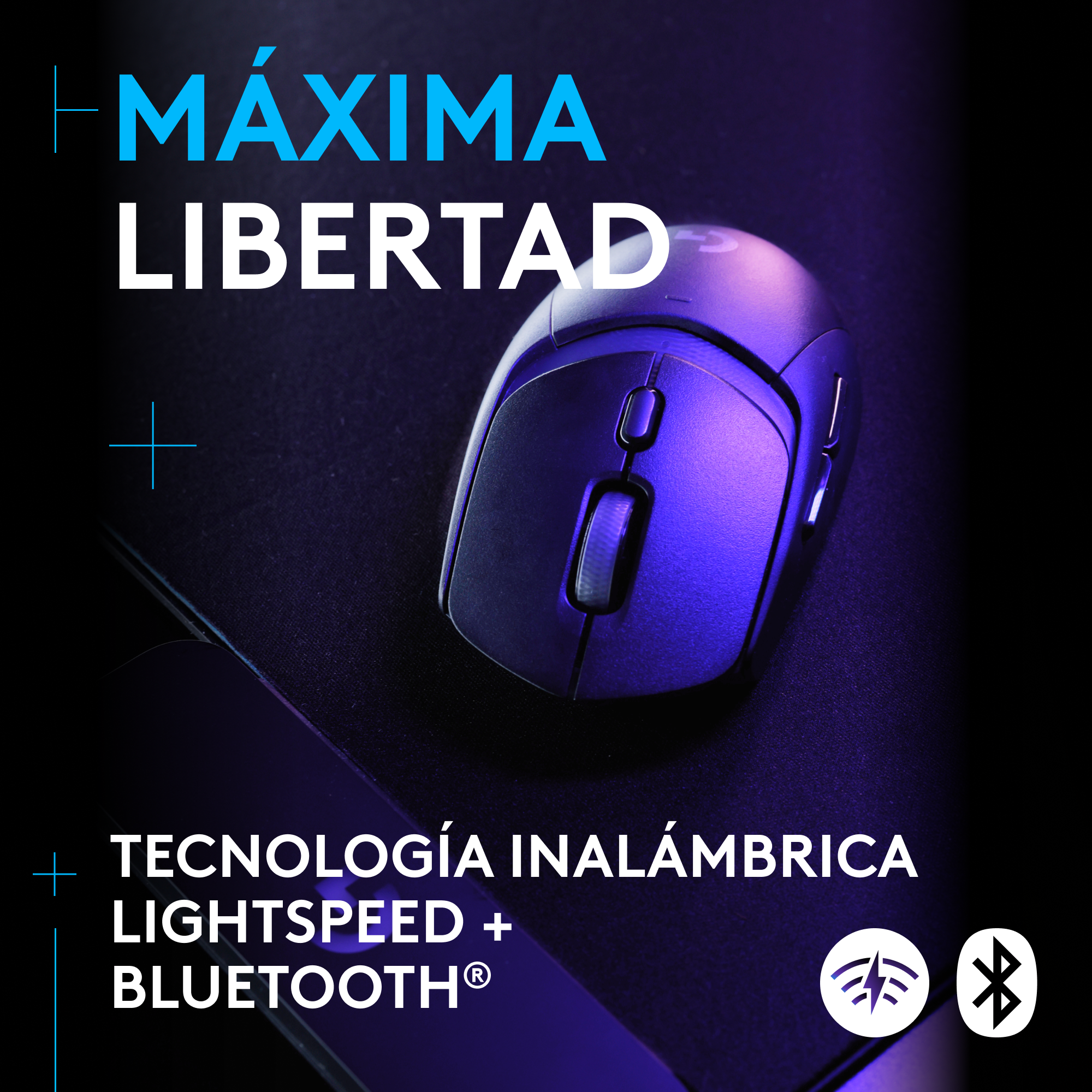 Ratón inalámbrico negro, texto en español, fondo azul y negro.