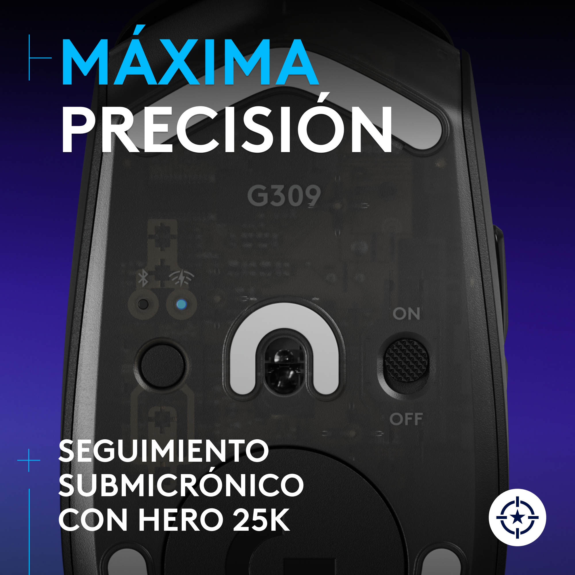 Primer plano de un ratón de ordenador negro, modelo G309, con texto que indica 'Máxima Precisión' y 'Seguimiento Submicrónico'.