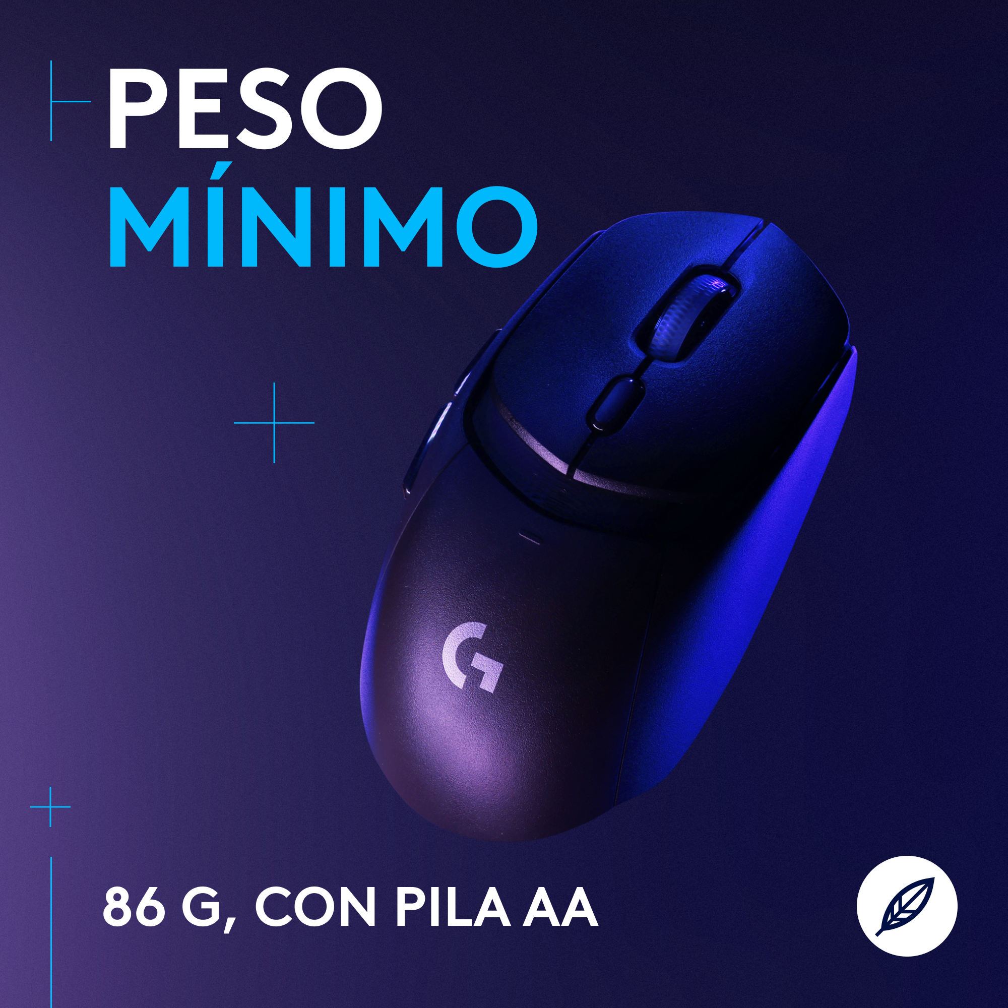 Ratón negro con texto de peso mínimo. Fondo degradado azul y morado. Signos más y pluma blancos.
