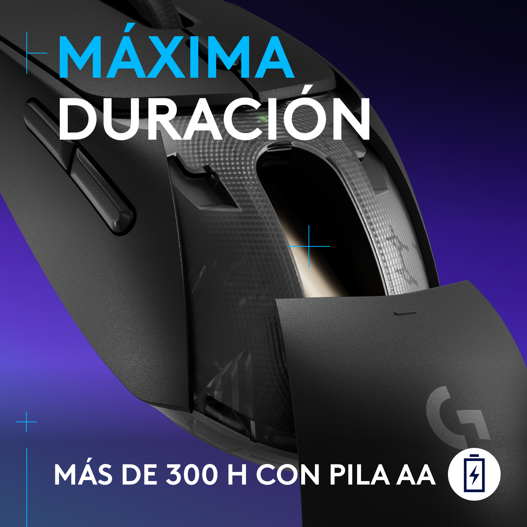 Un ratón de ordenador negro con texto: MAXIMA DURACION y MAS DE 300 H CON PILA AA.