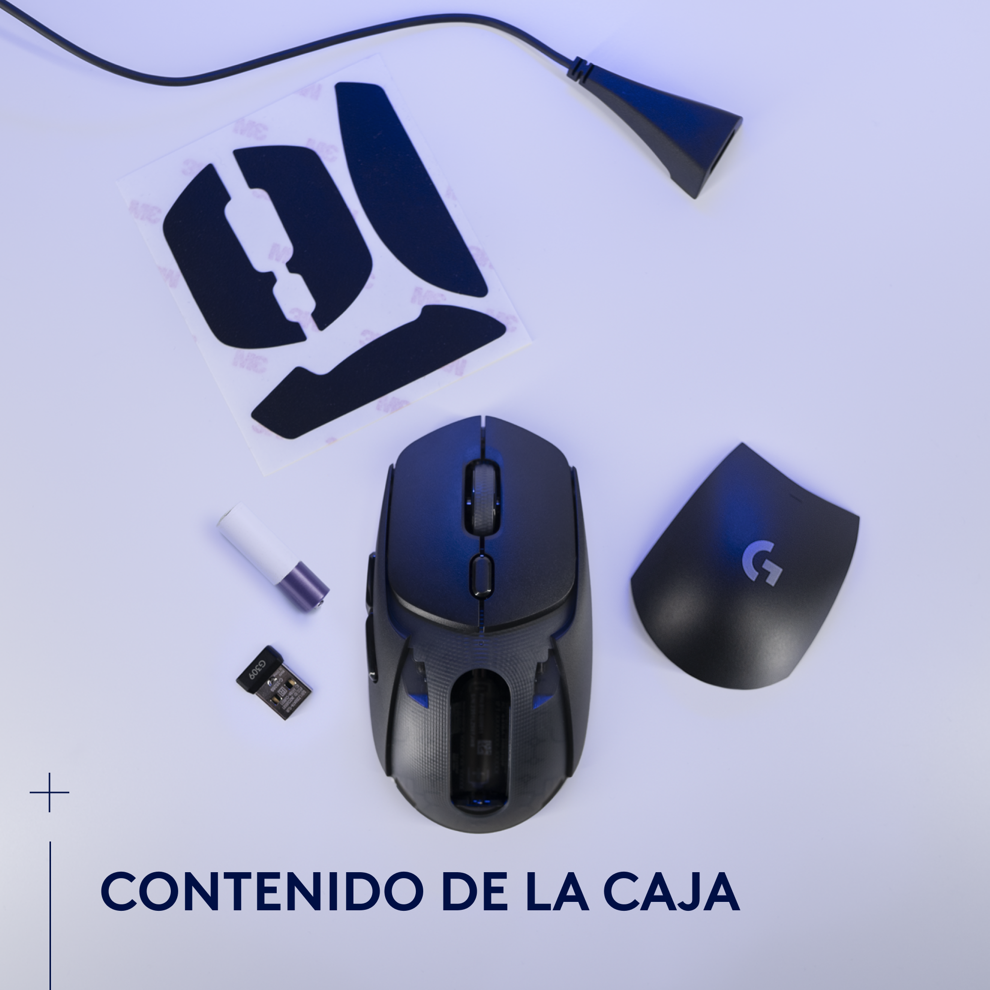 Ratón gaming con accesorios y texto en español.