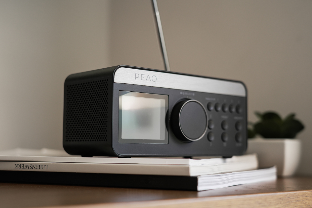 A black and silver radio sits on a wooden surface with books and a plant.