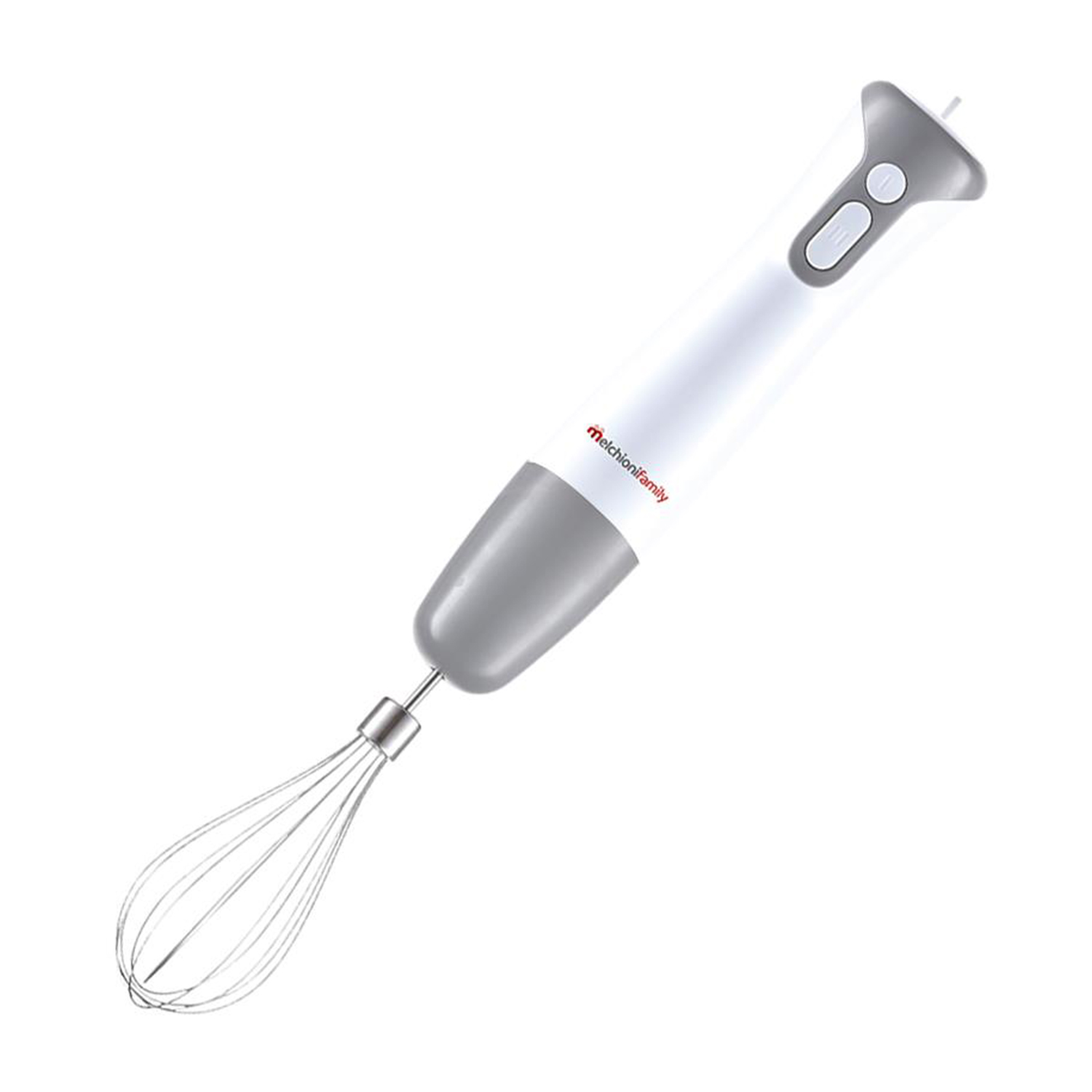 Frullatore a immersione bianco e grigio con accessorio frusta, isolato.