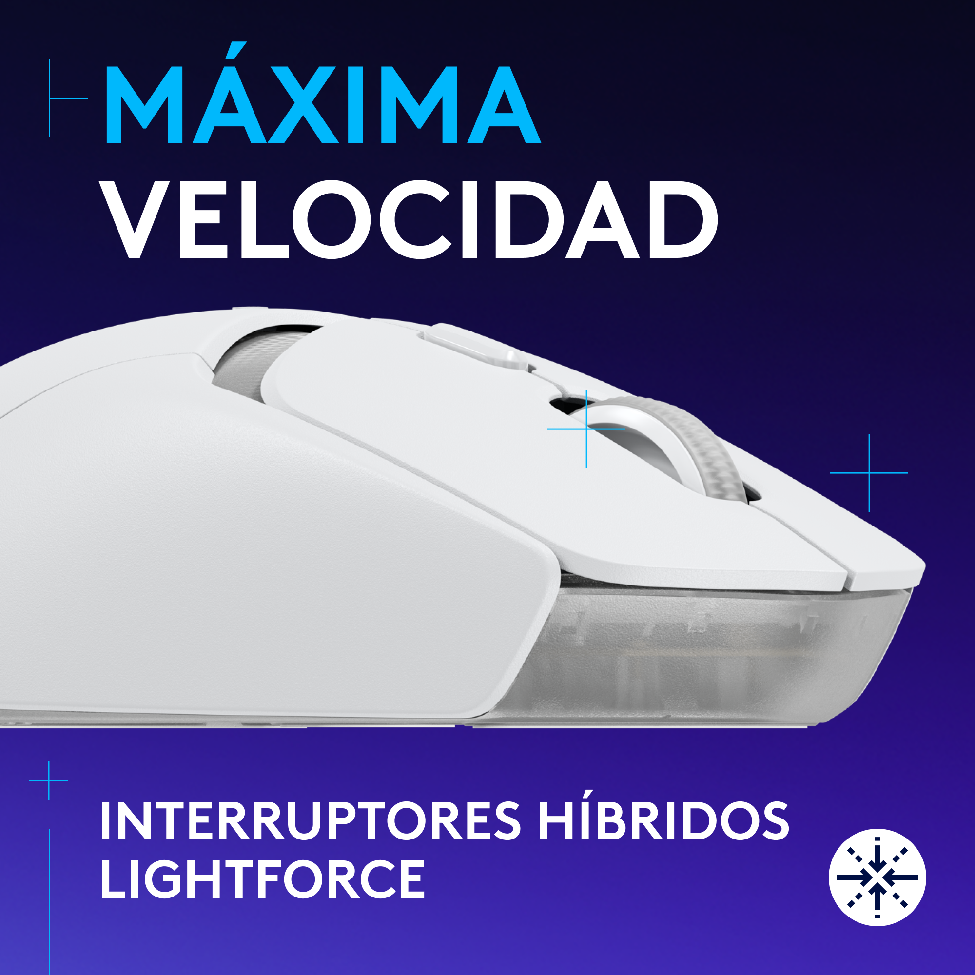 Un ratón blanco con texto en español, sobre fondo azul y blanco.