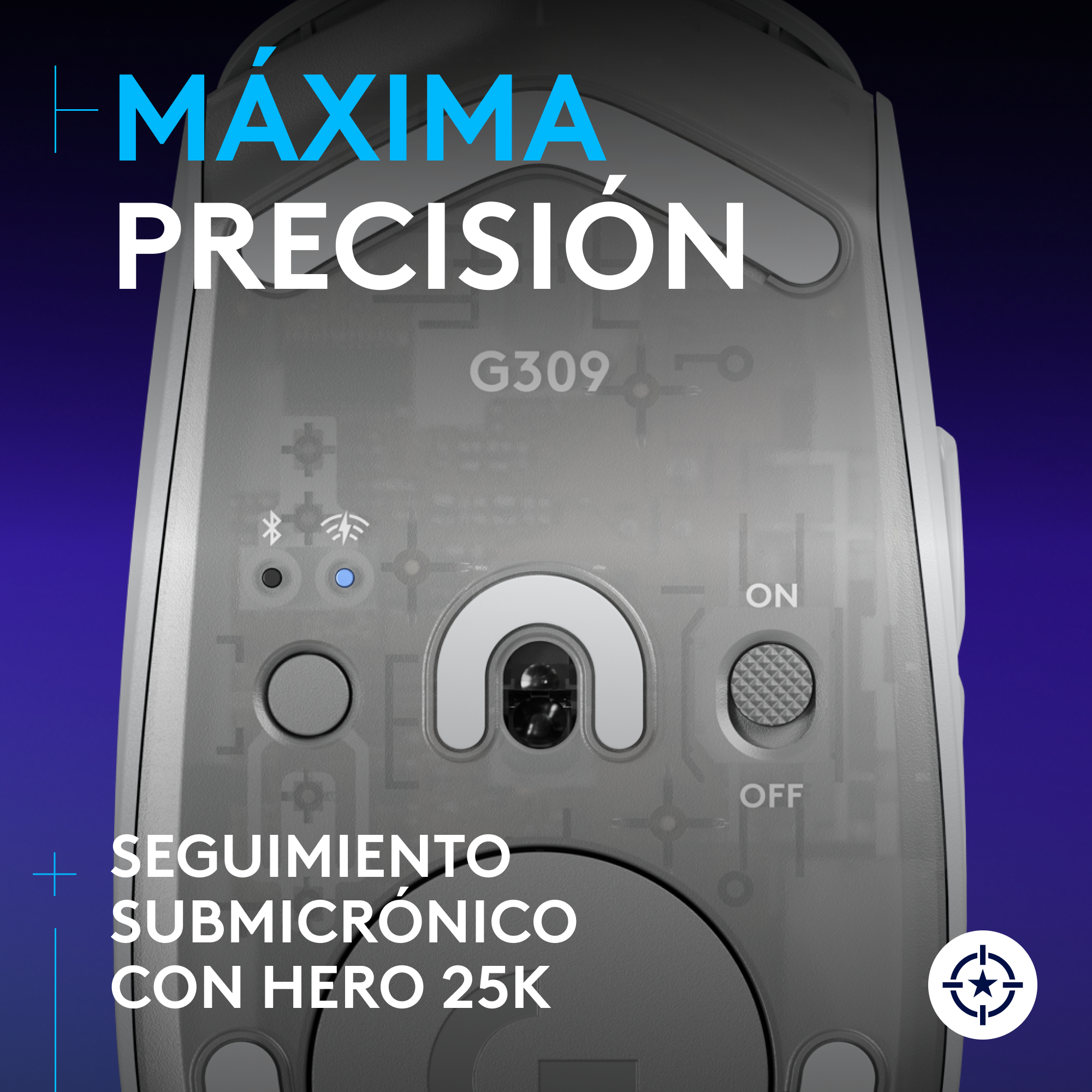Primer plano de un ratón gaming. Tiene botones, una rueda de desplazamiento e indicador Bluetooth.