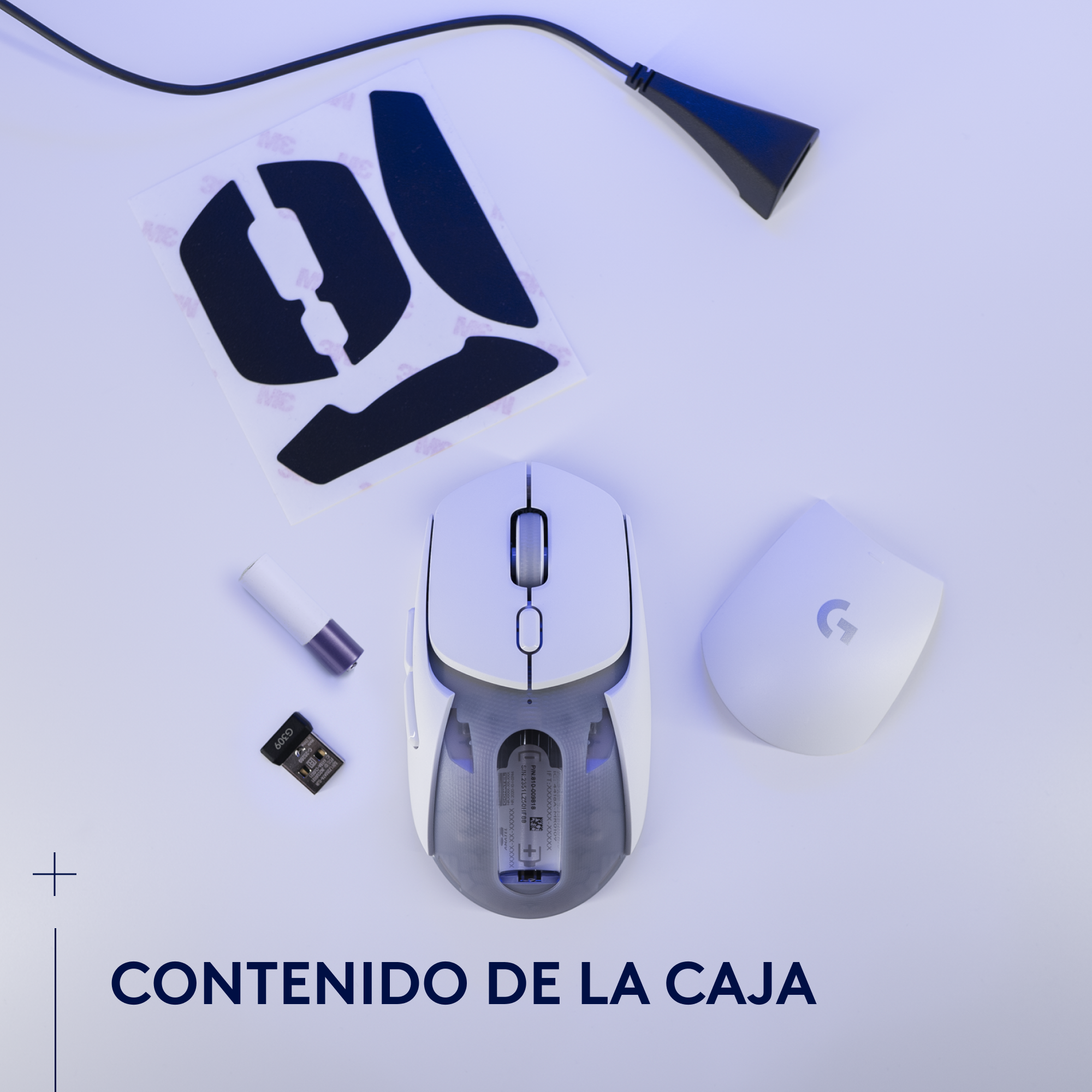Componentes del ratón: ratón, batería, USB, pegatinas y tapa. Texto: 'CONTENIDO DE LA CAJA'.