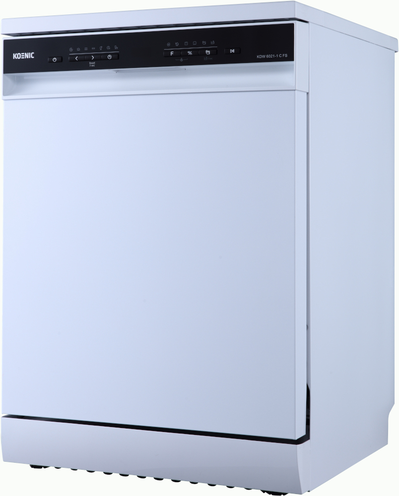 White Koenic dishwasher with a black control panel.
