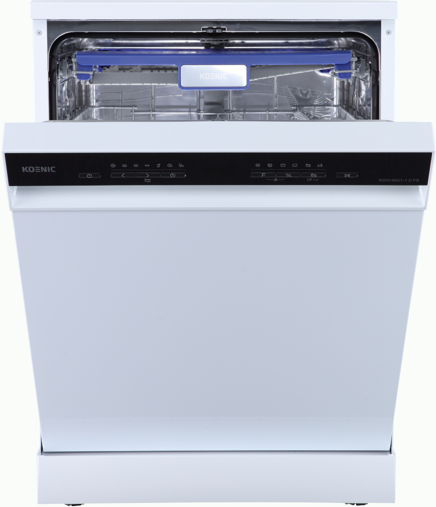 A white dishwasher with the door open, showing the interior and control panel.