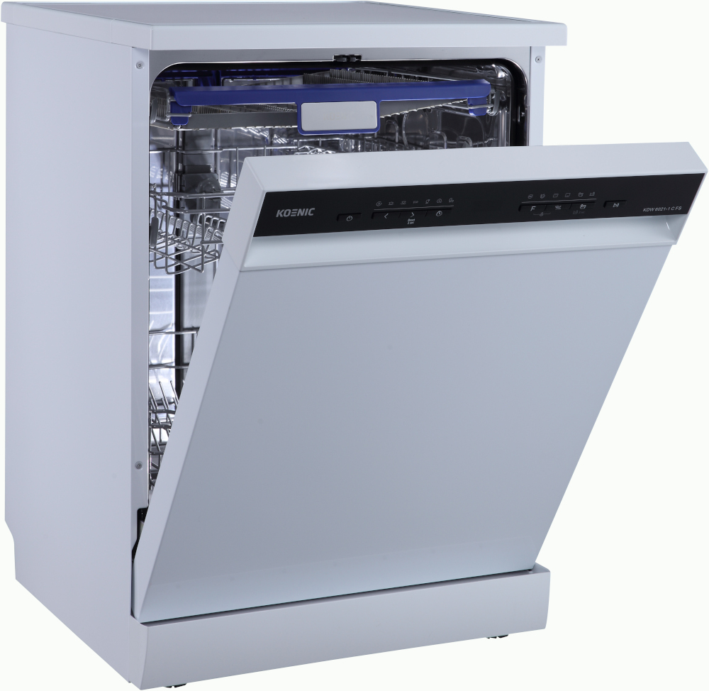 A white dishwasher with the door partially open, showing the interior racks.