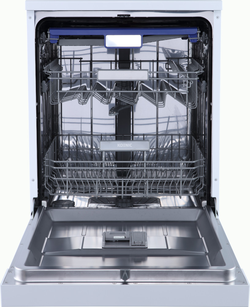 Dishwasher with the door open. The inside with racks is visible. White appliance.