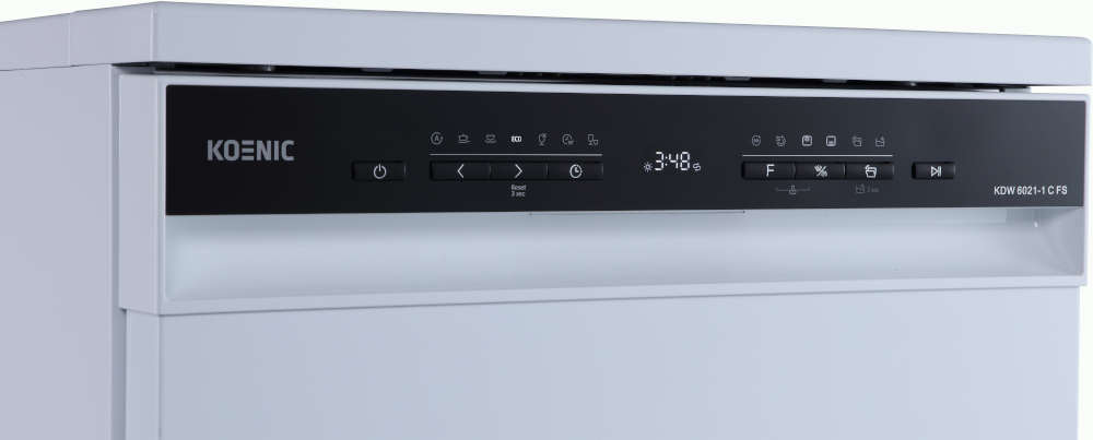 White Koenic dishwasher control panel. Displays time, icons, and brand name.