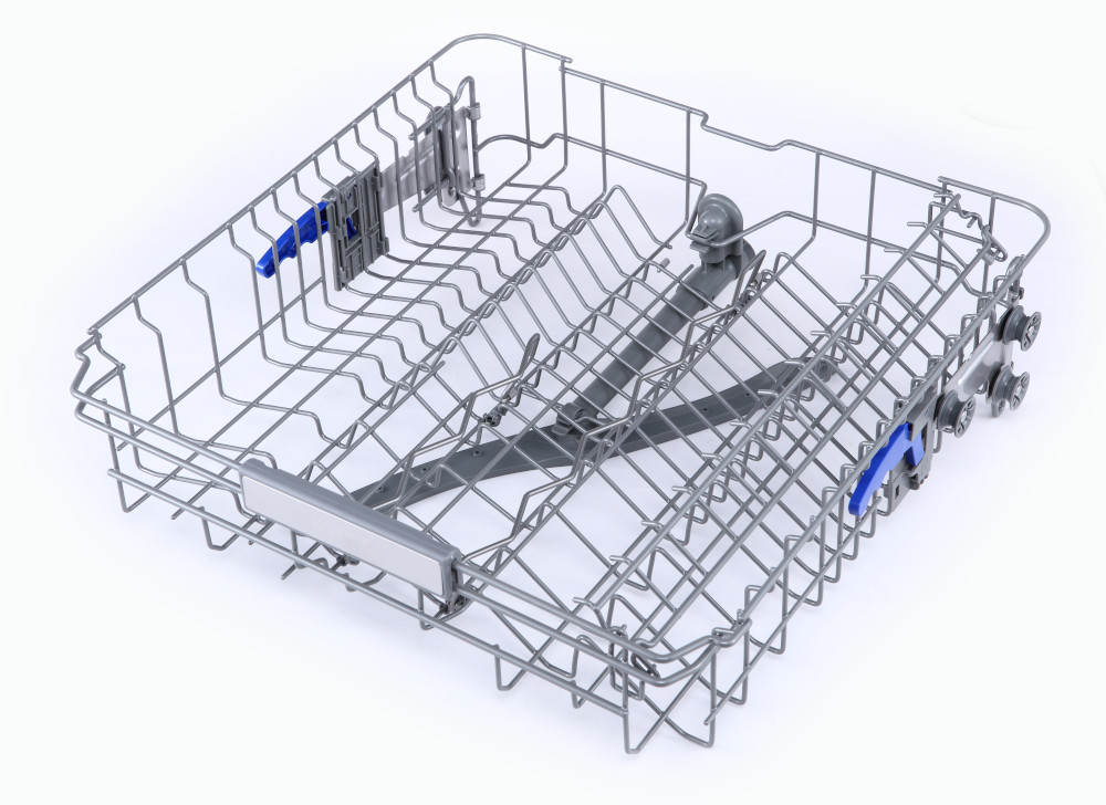 A dishwasher basket, made of metal, with compartments and blue plastic details, white background.
