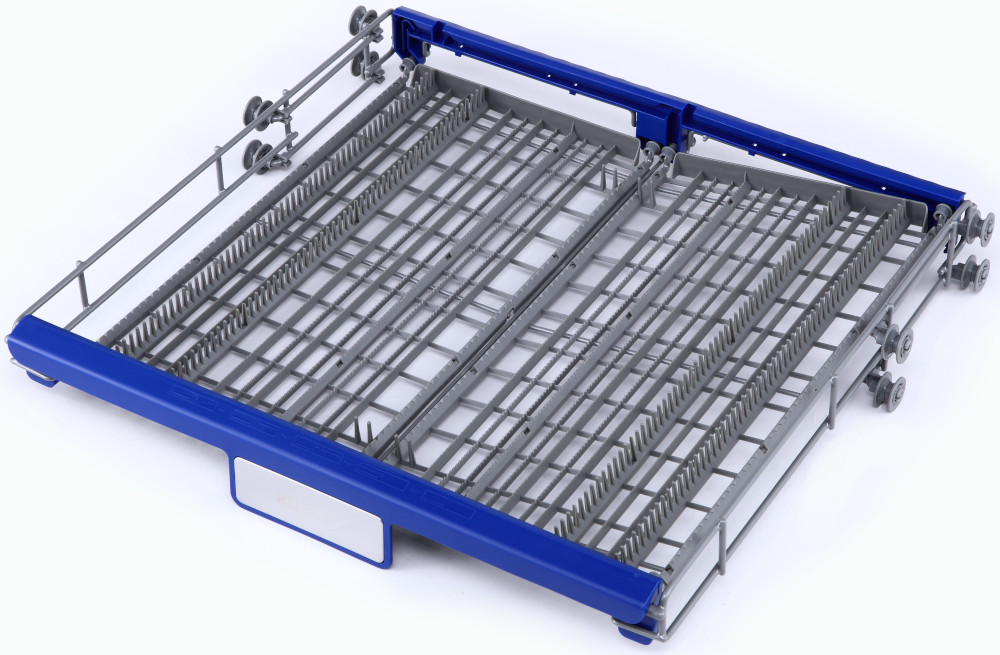 A blue and gray dishwasher rack with various compartments and wheels.