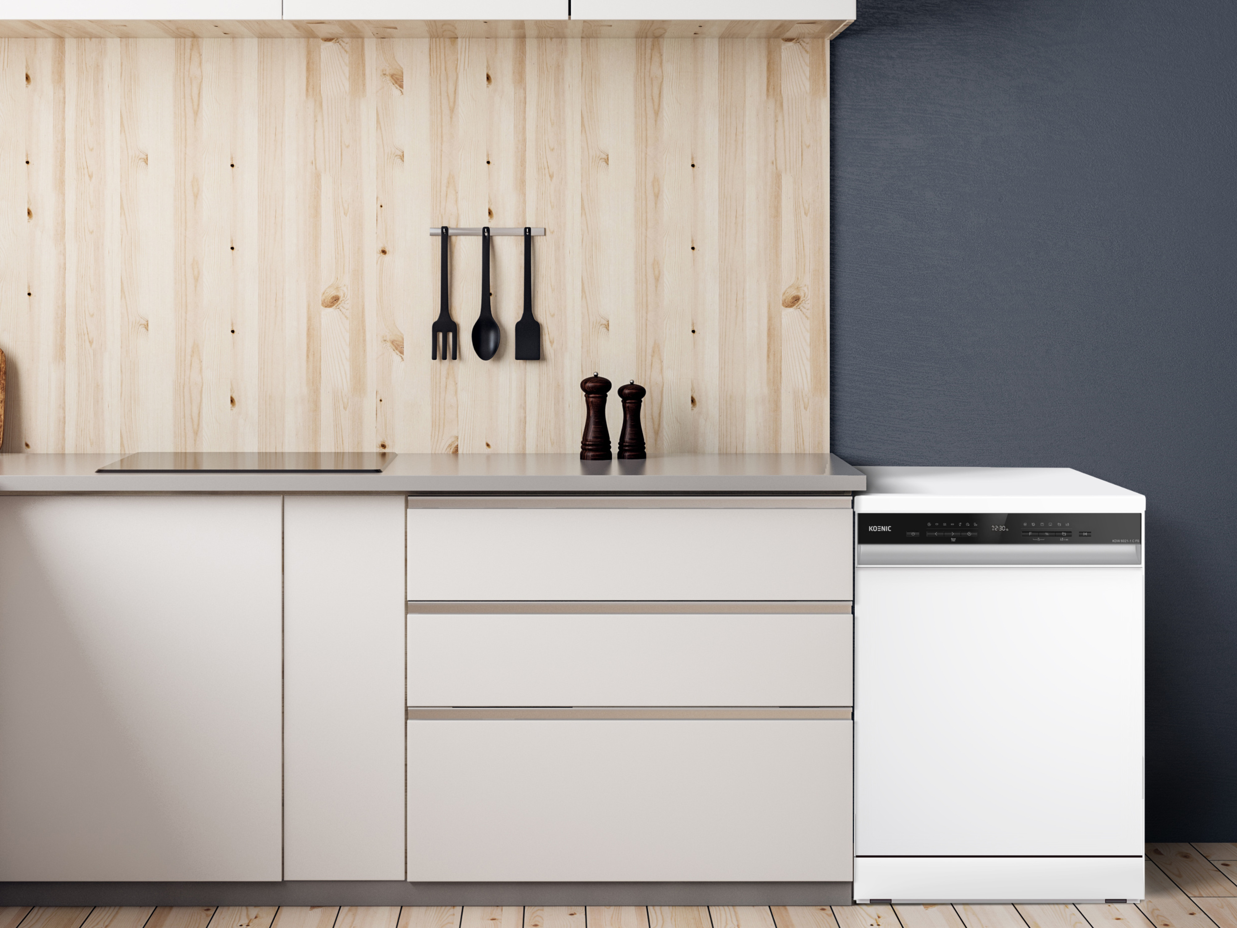 Modern kitchen with white cabinets, wood backsplash, and a white dishwasher.