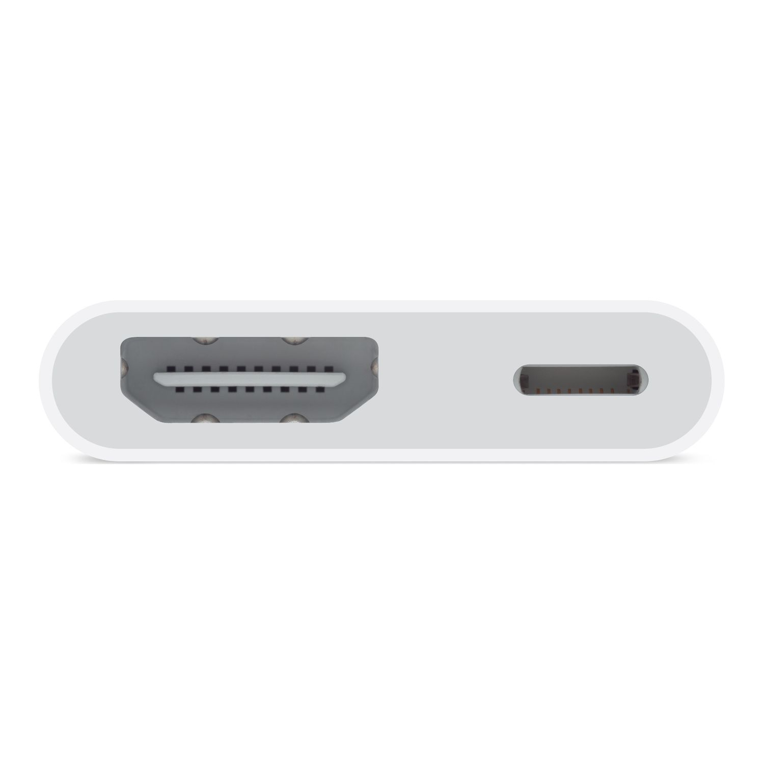 White HDMI adapter with one HDMI port and one USB-C port, viewed from the top, isolated on a white background.