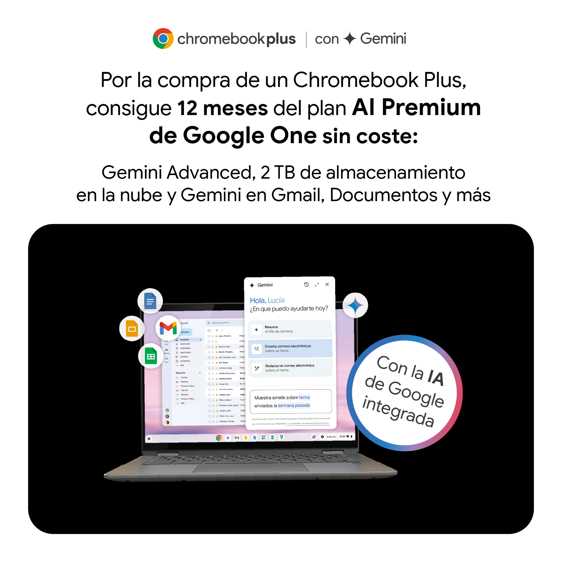 Anuncio de Chromebook Plus y Google One, mostrando portátil con interfaz de usuario.