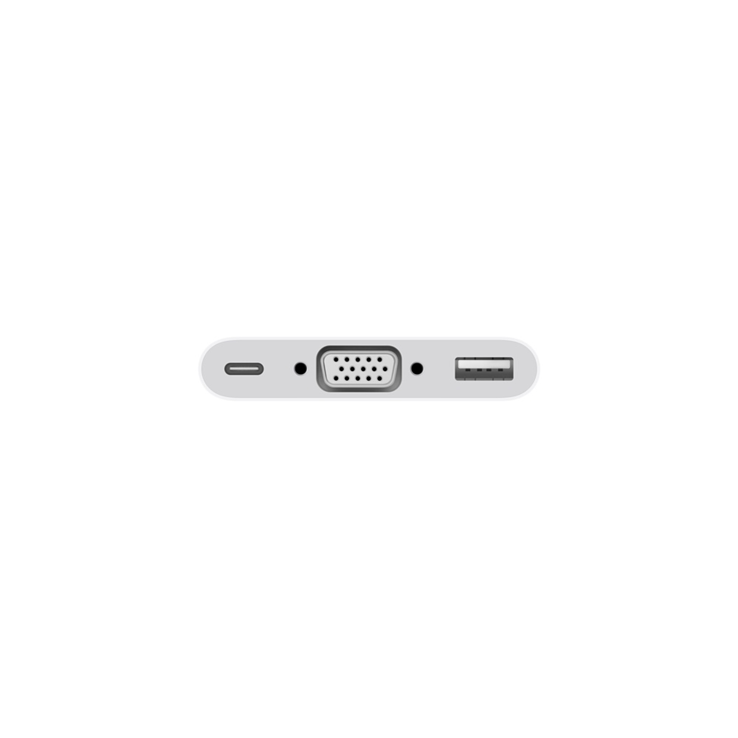 A white adapter with a USB port, a VGA port, and a charging port.