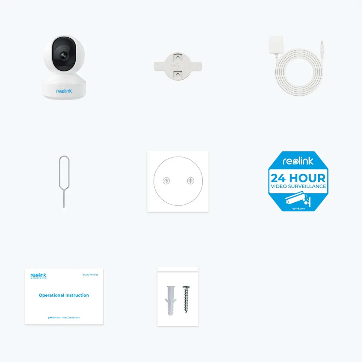 Assortimento di accessori e imballaggi per telecamere di sicurezza Reolink.