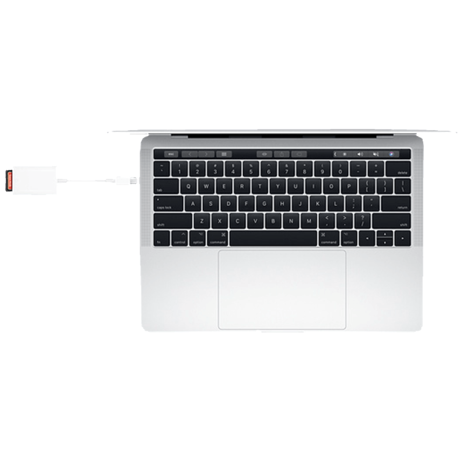 Laptop with keyboard and trackpad, connected to a white card reader.