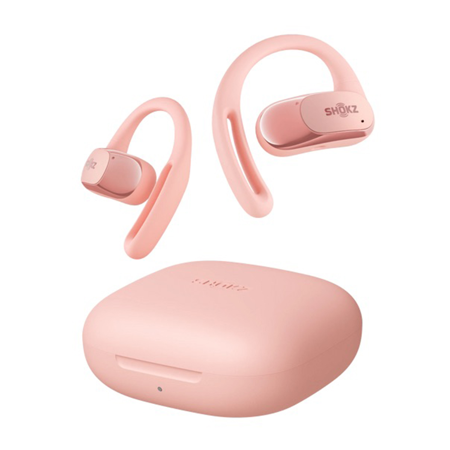 Auricolari e custodia Shokz rosa su sfondo bianco. La custodia è sotto gli auricolari.