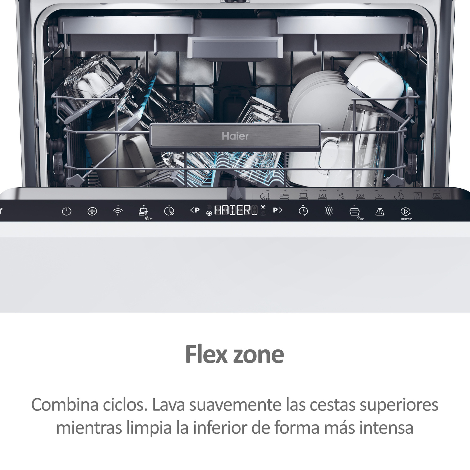 Un lavavajillas con la puerta abierta. El interior es de acero inoxidable con platos dentro.