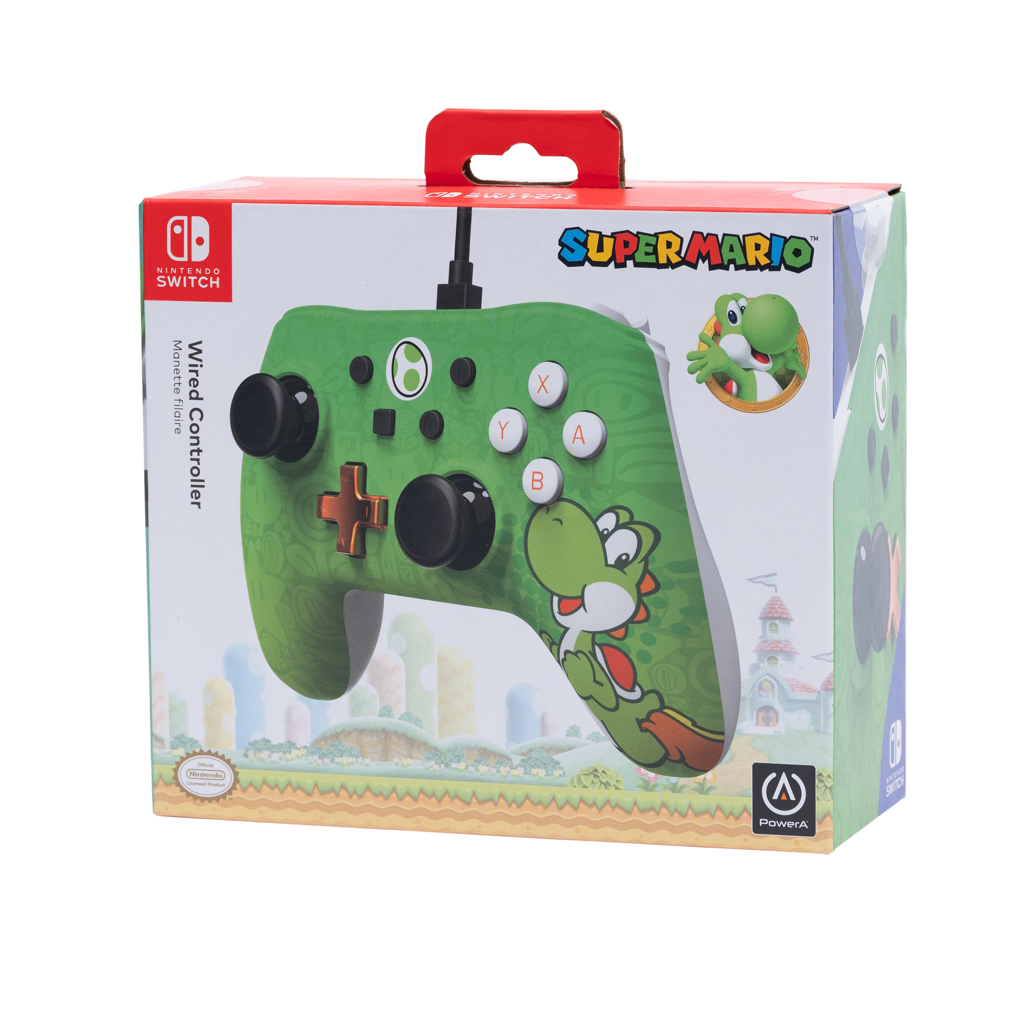 Ein grüner Controller im Super Mario-Design in einer Yoshi-Box.