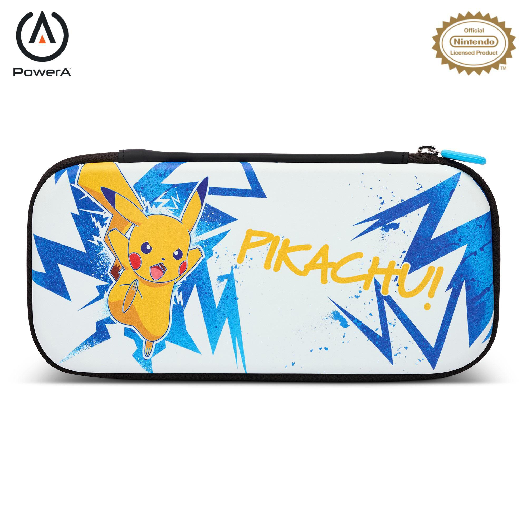 Pikachu Nintendo Switch Hülle. Weiße Hülle mit Pikachu und blauem Blitz, PowerA-Marke.