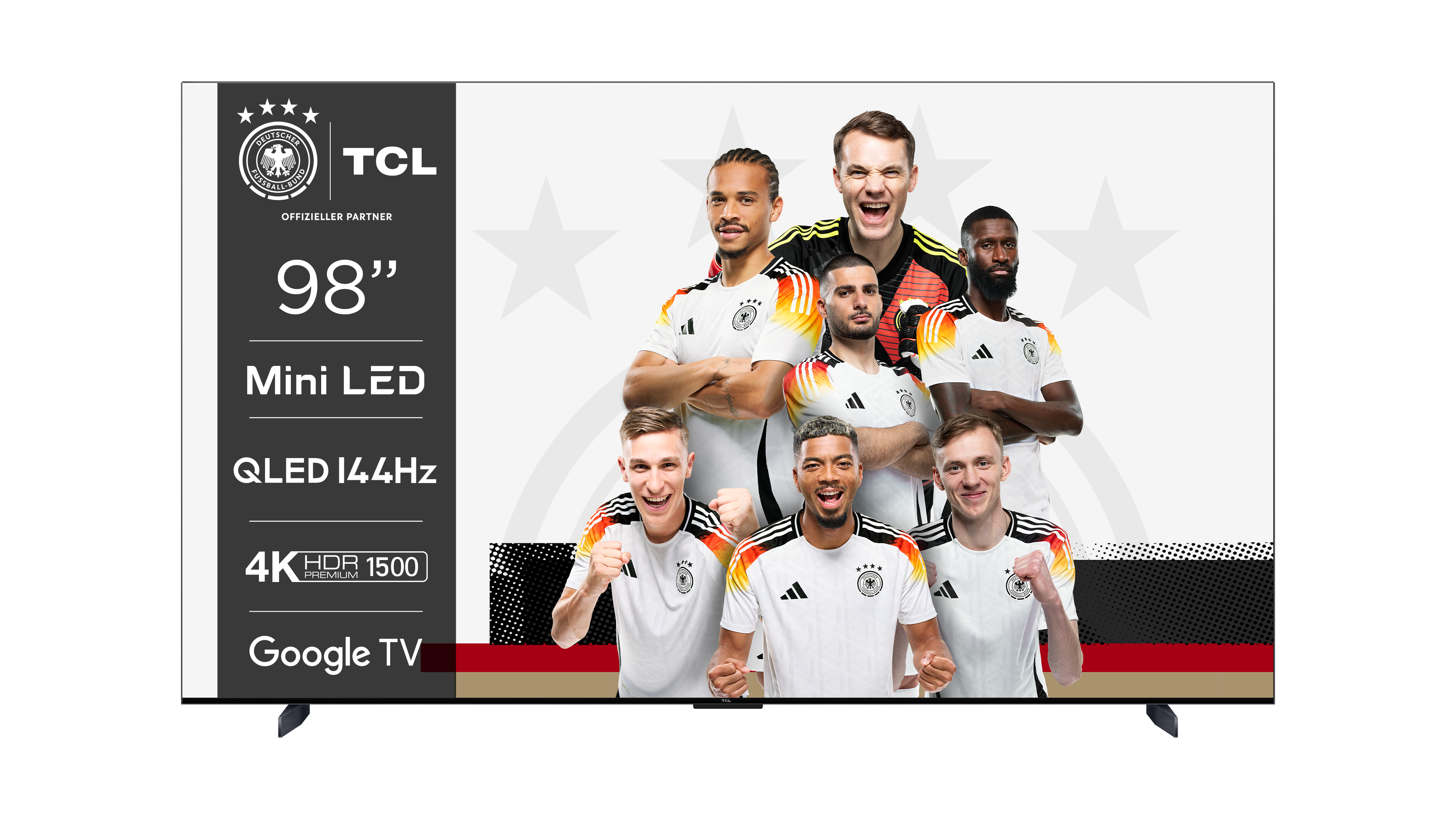 TCL 98" Mini LED TV mit deutscher Fußballnationalmannschaft. Mit Google TV und QLED 144Hz.