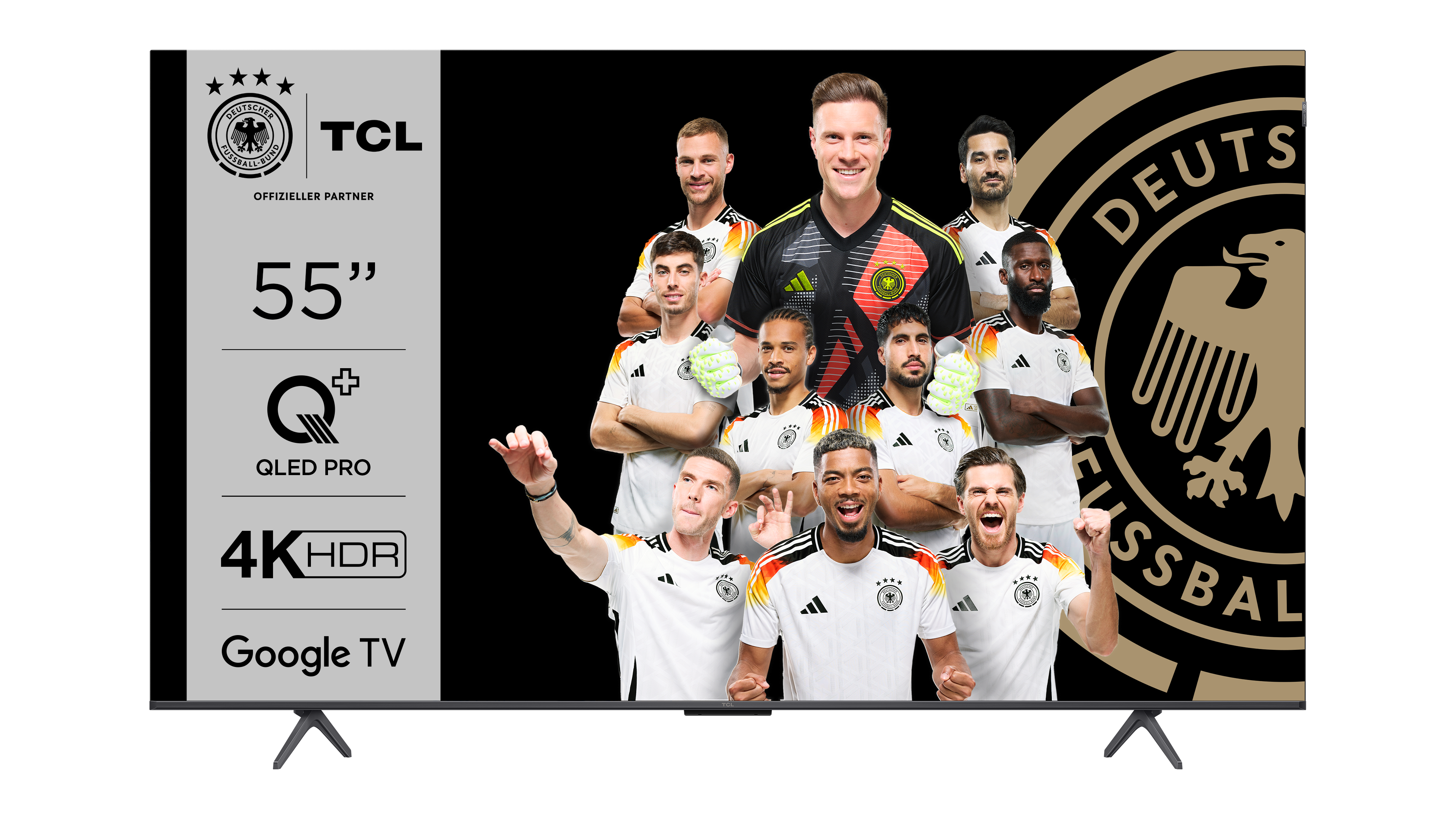 Ein 55-Zoll-TCL-Fernseher, der eine deutsche Fußballmannschaft zeigt.
