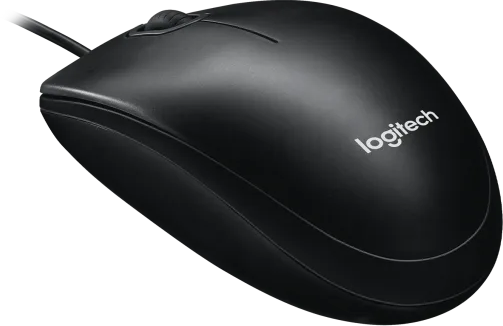 Fekete Logitech egér kábellel. Az egér fekete felületen van.