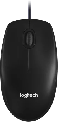 Fekete Logitech egér görgetőkerékkel és kábellel, felülről nézve, fekete háttérben.
