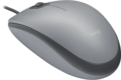 Egy szürke Logitech számítógépes egér fekete felületen. Kábel csatlakoztatva.