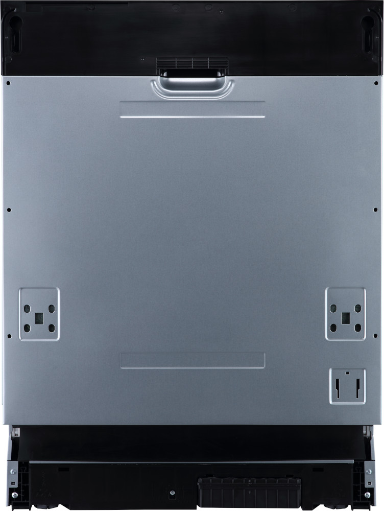The back of a silver dishwasher. The back is black at the top and bottom.