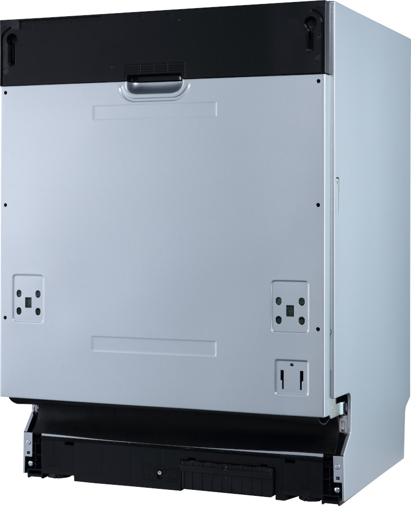 Back of a silver dishwasher, with black base and mounting points, showing the appliance back.