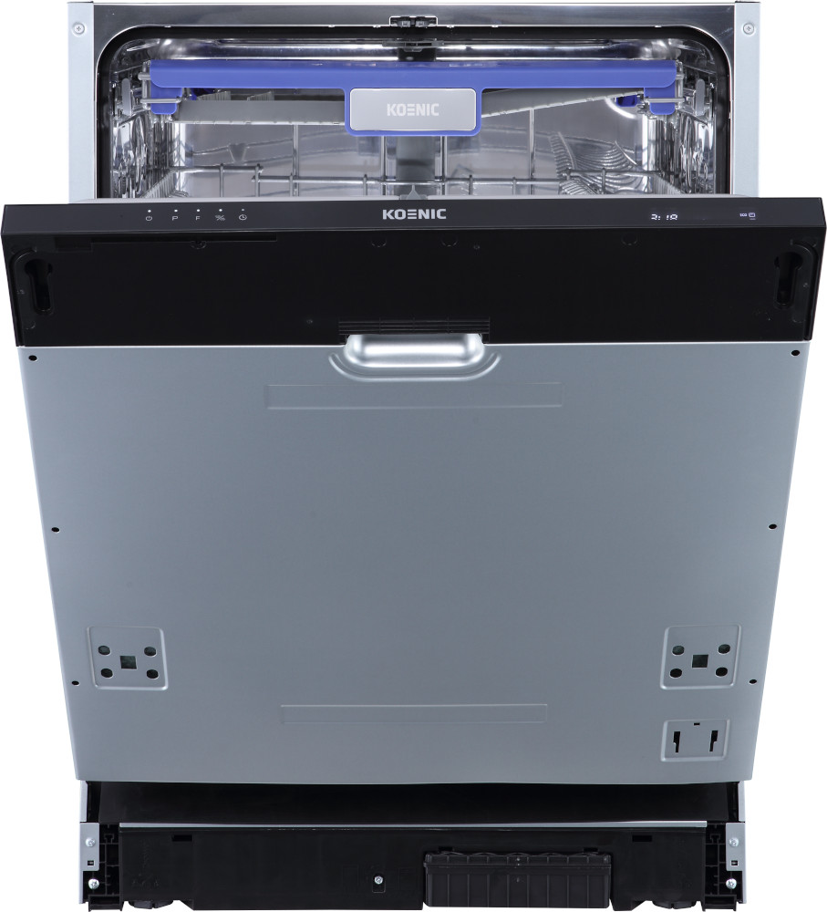 A dishwasher with an open door, showing the interior. Brand name is visible.