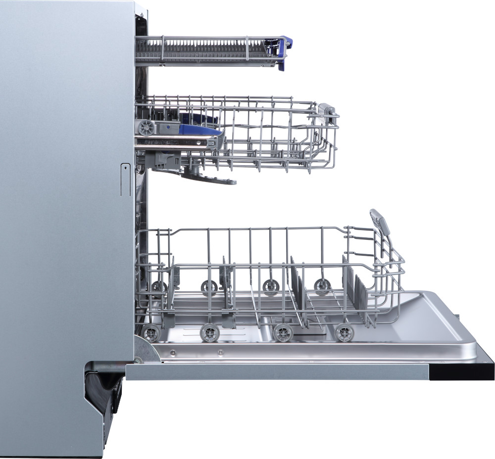 Dishwasher, open, with two pull-out racks. Silver exterior. Racks are wire with blue accents.