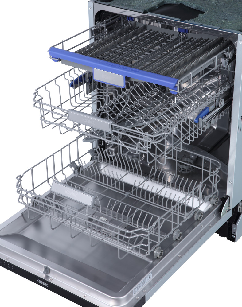 Inside of a dishwasher with open door. Racks and spray arms are visible.