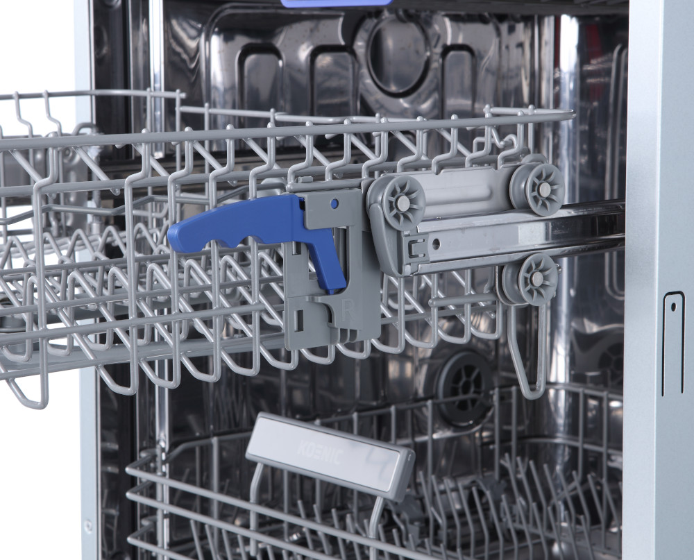 A dishwasher's interior with a blue handle and gray racks. White background.